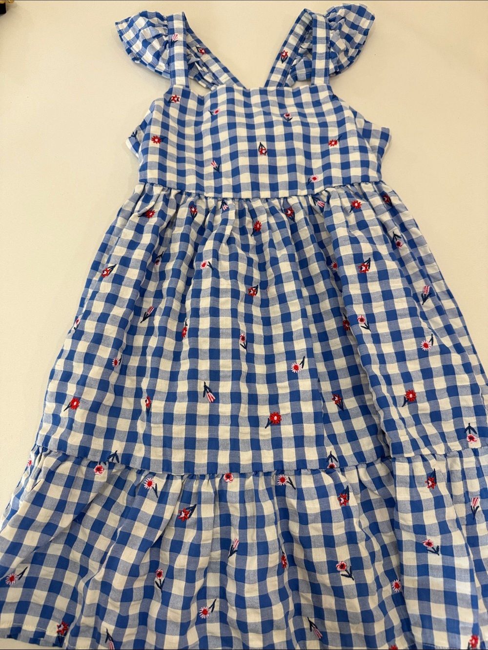 Cat & Jack Blue and White Gingham Tiered Sundress with Floral Emb Never worn